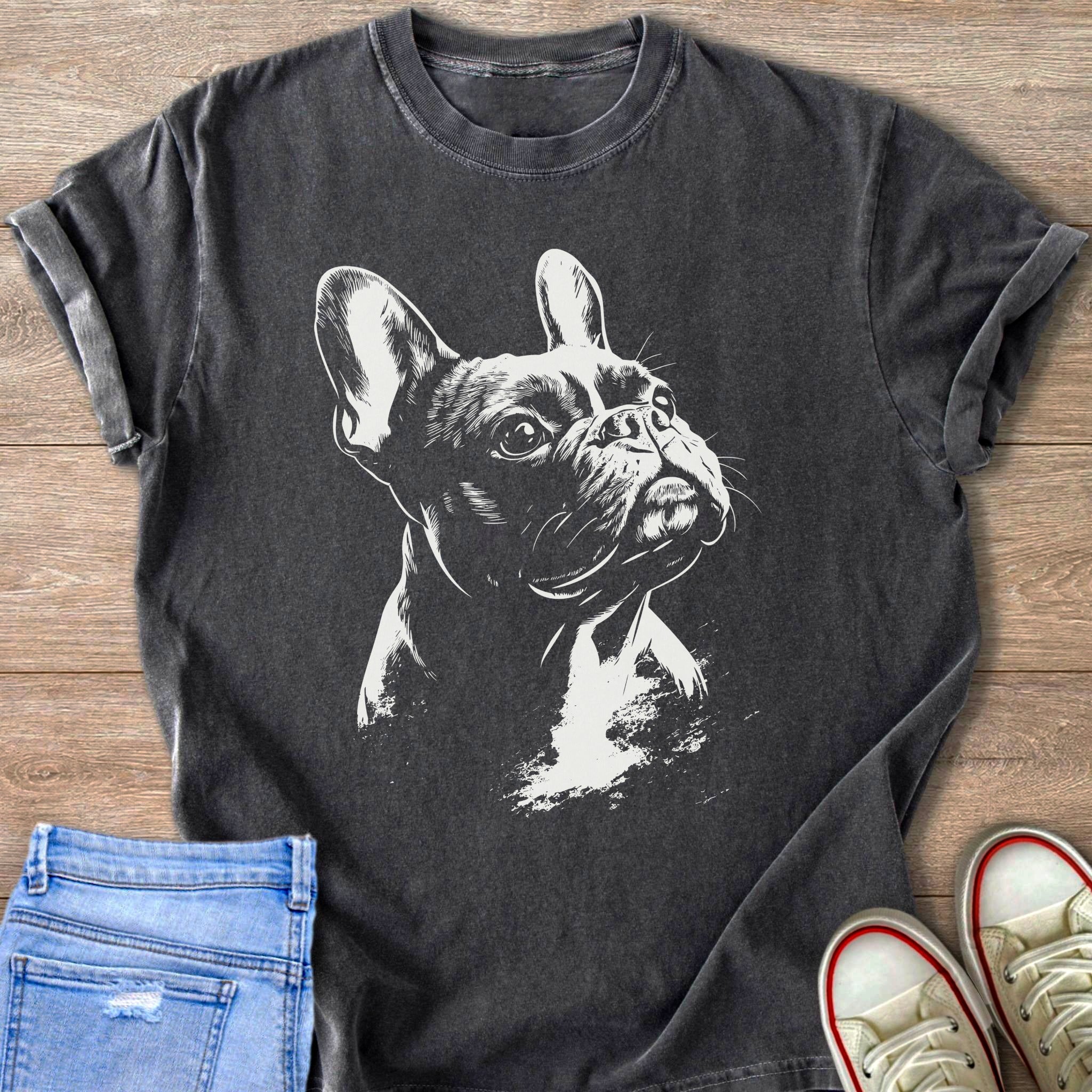 Dark grey t-shirt with white French Bulldog sketch and rolled sleeves.