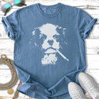 T-shirt with a white graphic of a Cavalier King Charles Spaniel wearing a cigarette.