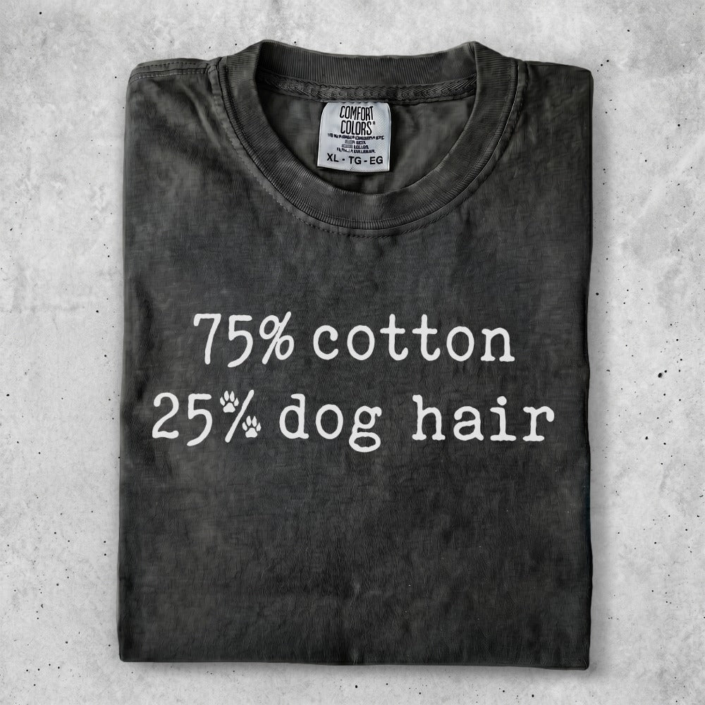 Charcoal t-shirt with "75% cotton 25% dog hair" printed in white.