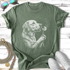 Line drawing of a Labrador retriever blowing on a dandelion with seeds flying.