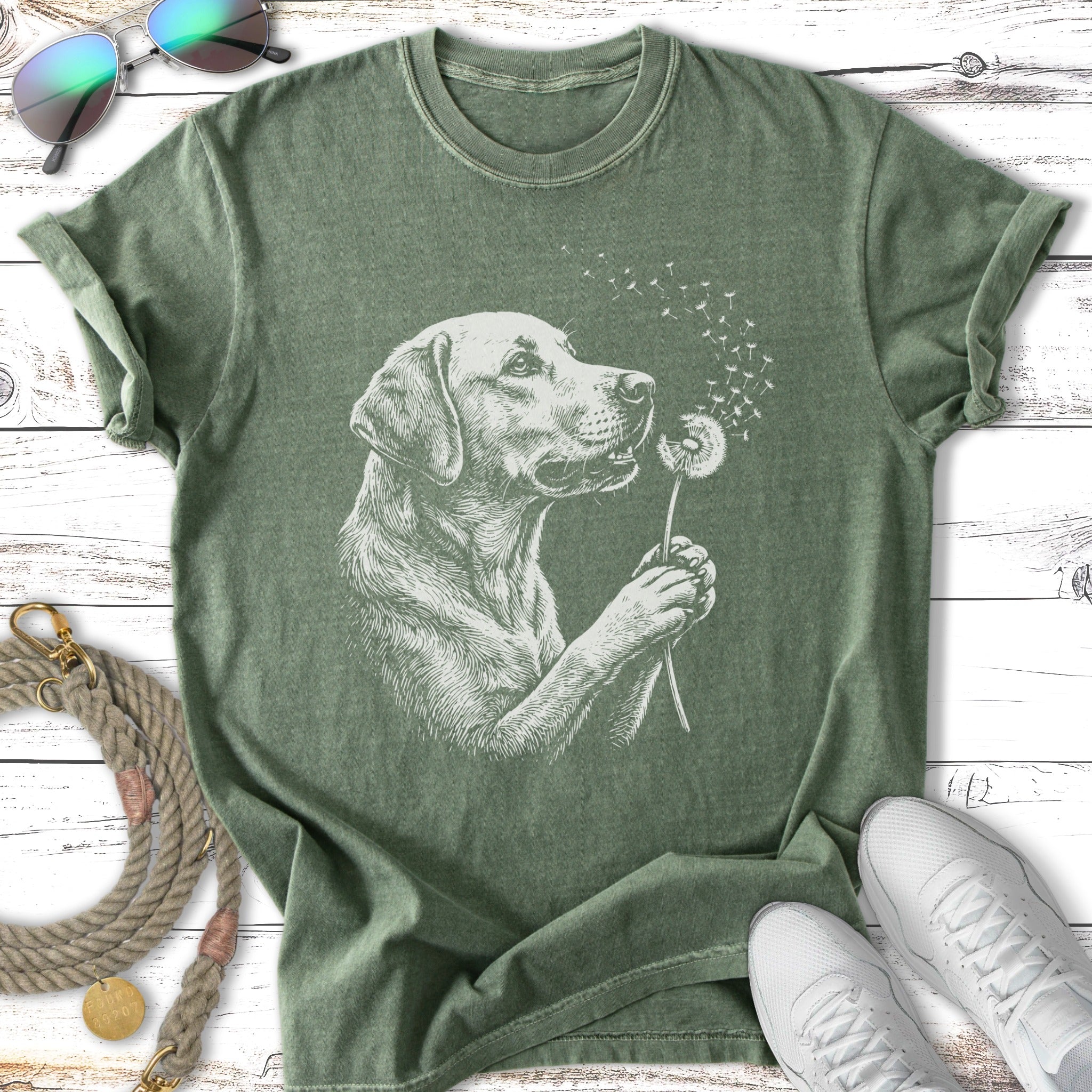 Line drawing of a Labrador retriever blowing on a dandelion with seeds flying.