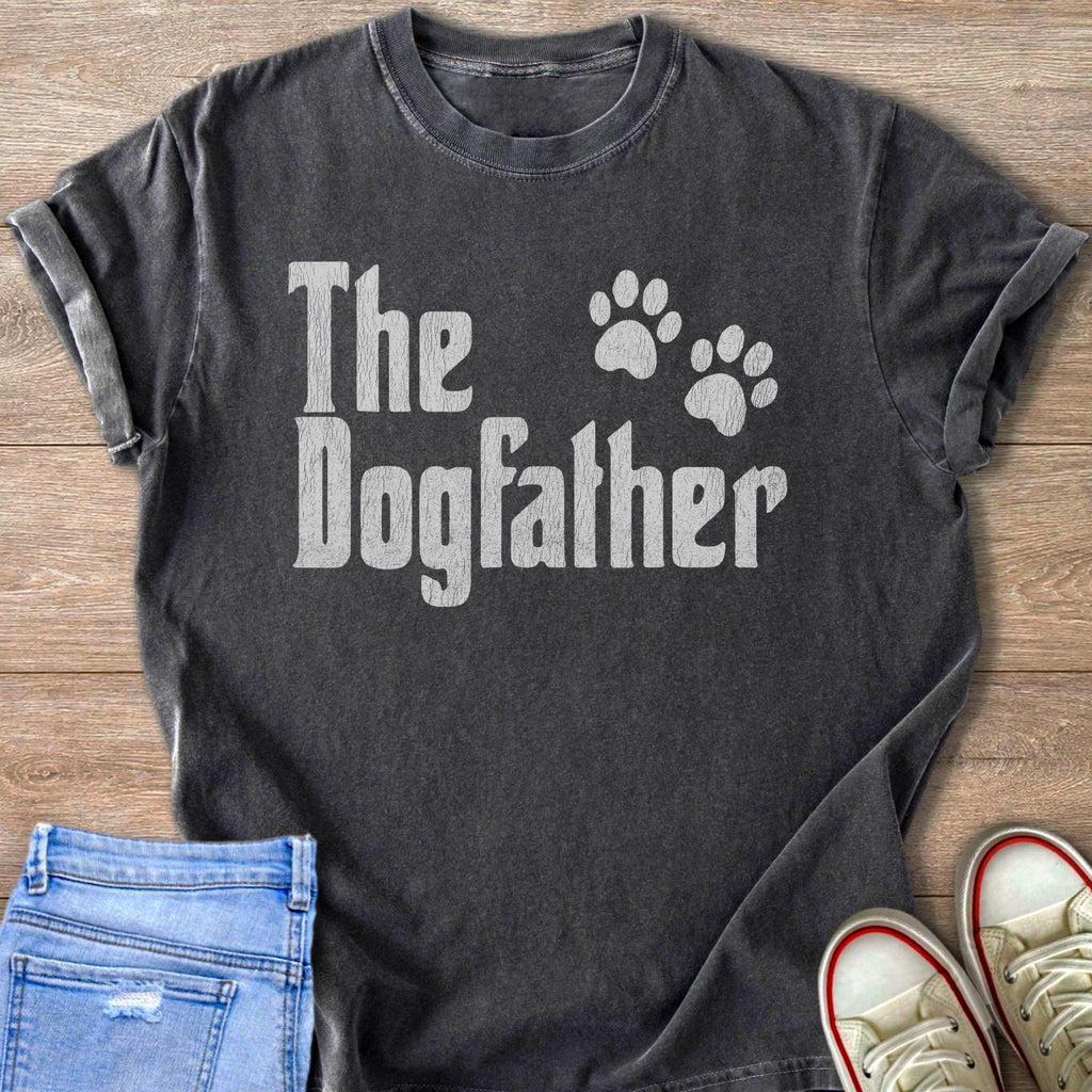 Dark gray t-shirt with "The Dogfather" and paw prints in white.