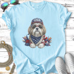 Dog wearing USA themed bandana, sunglasses, and hat.
