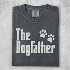 Gray t-shirt with white text "The Dogfather" and two paw prints.