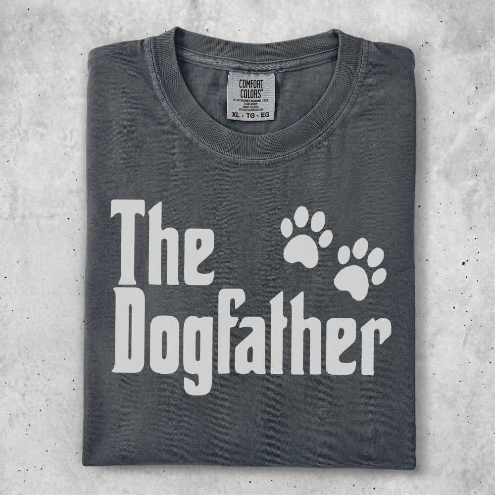 Gray t-shirt with white text "The Dogfather" and two paw prints.