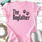 Pink t-shirt with "The Dogfather" and paw prints graphic.