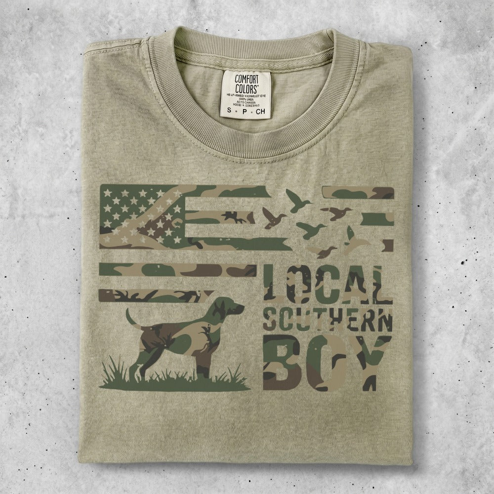 T-shirt with camouflage US flag, birds, and "LOCAL SOUTHERN BOY" text.