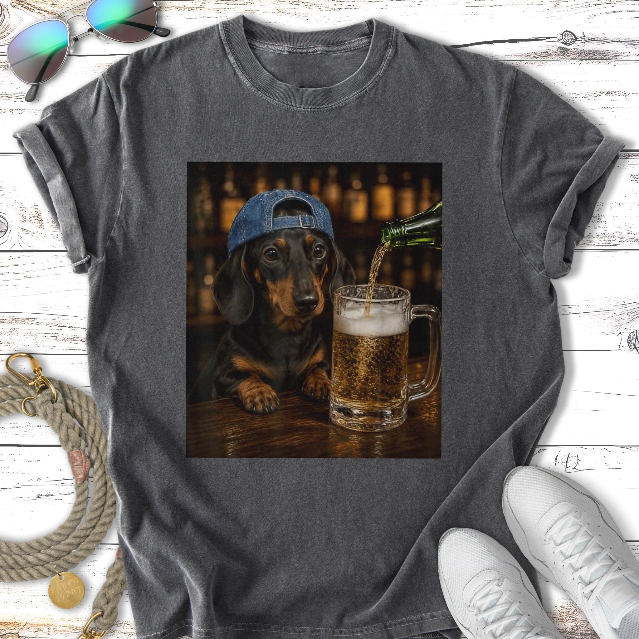 Dachshund wearing a blue baseball cap pours a beer at a bar.