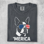 Boston Terrier wearing American flag sunglasses, "MERICA" text below.