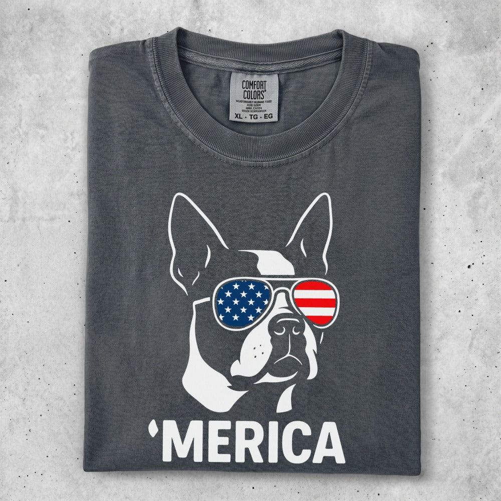 Boston Terrier wearing American flag sunglasses, "MERICA" text below.
