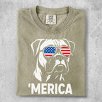 Boxer dog wearing American flag sunglasses, with 'MERICA text.