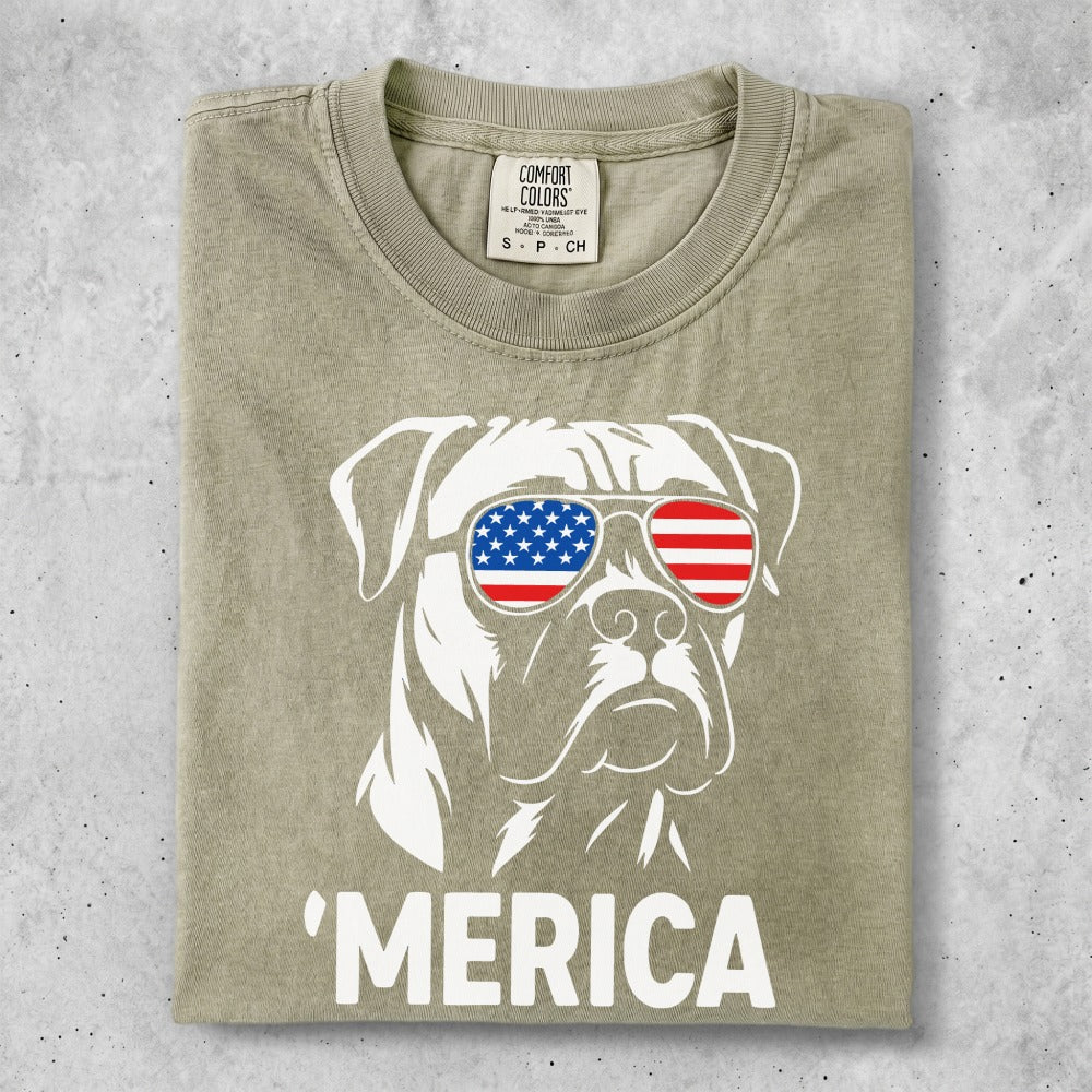 Boxer dog wearing American flag sunglasses, with 'MERICA text.