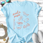 Light blue t-shirt with dog breeds illustrated as pasta shapes.