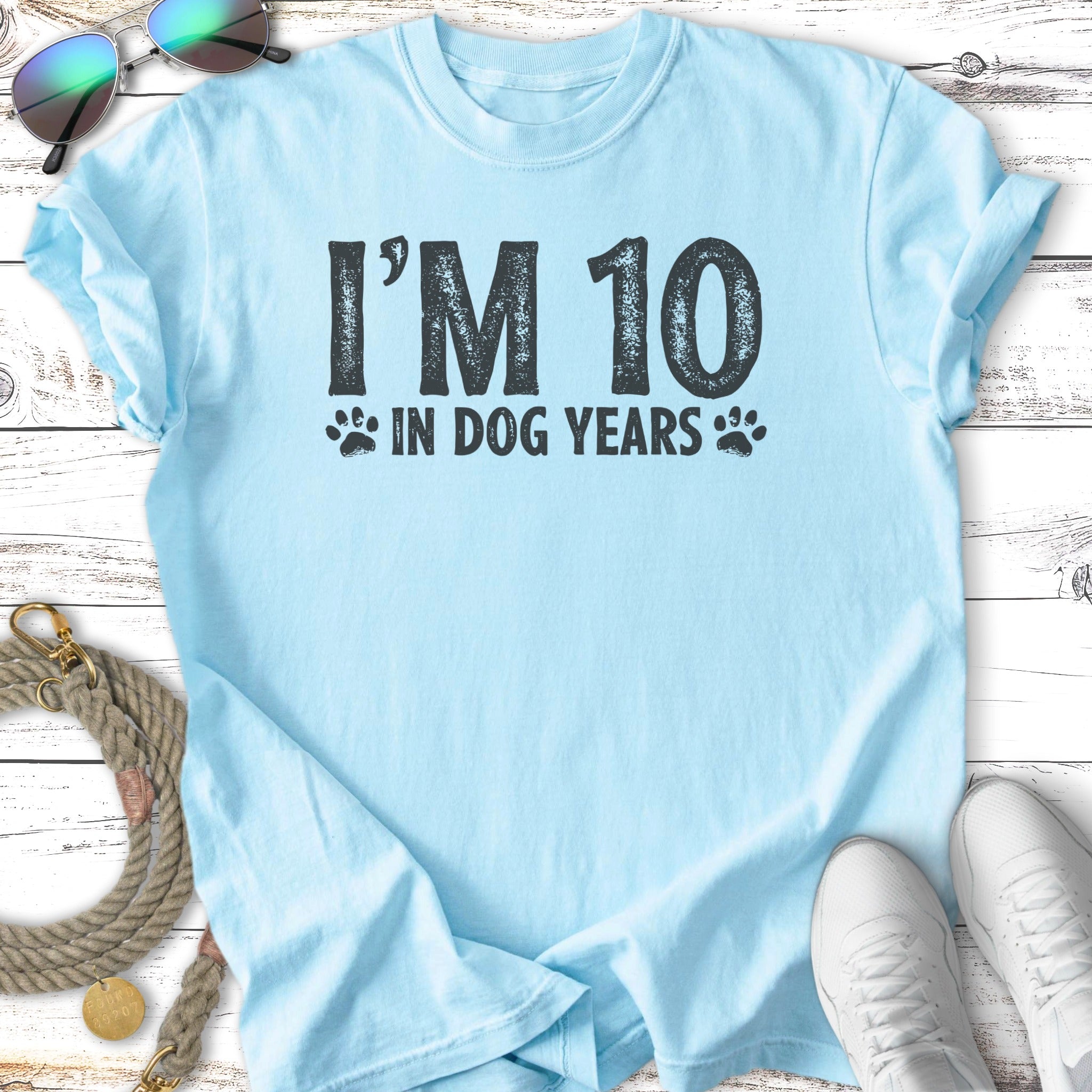 Light blue t-shirt with "I'm 10 in dog years" text.