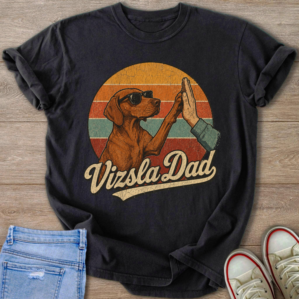 Vizsla dog in sunglasses gives a high five with text "Vizsla Dad."
