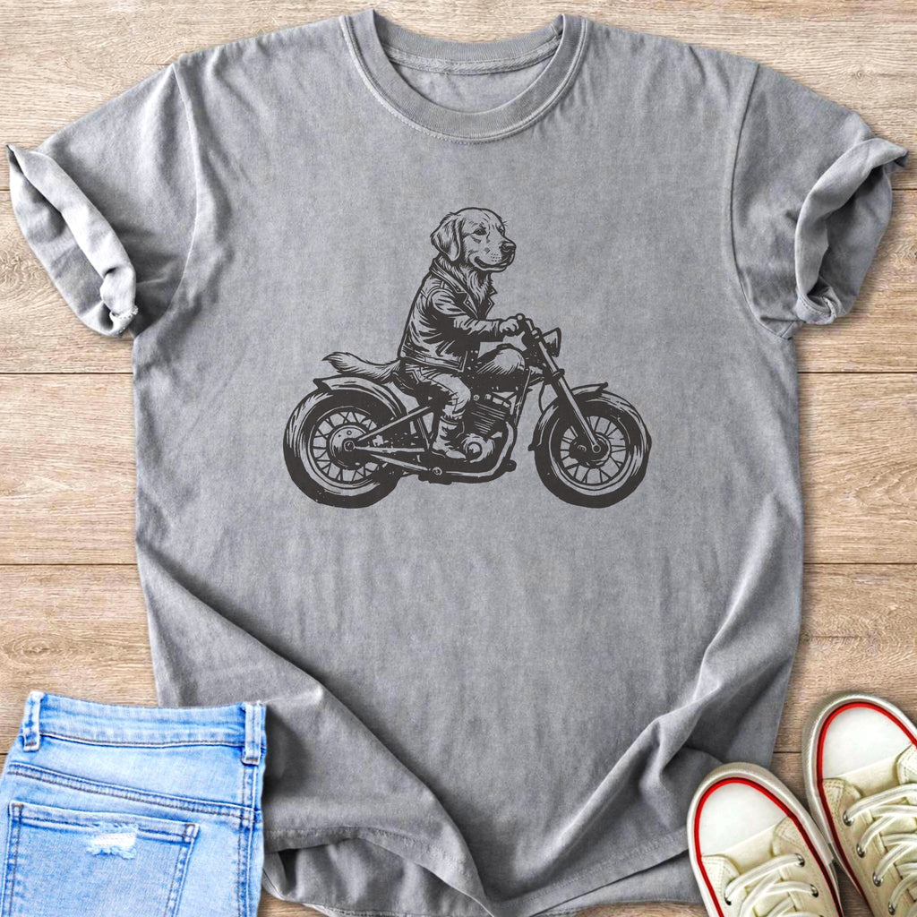 Gray t-shirt with a charcoal sketch of a dog riding a motorcycle.