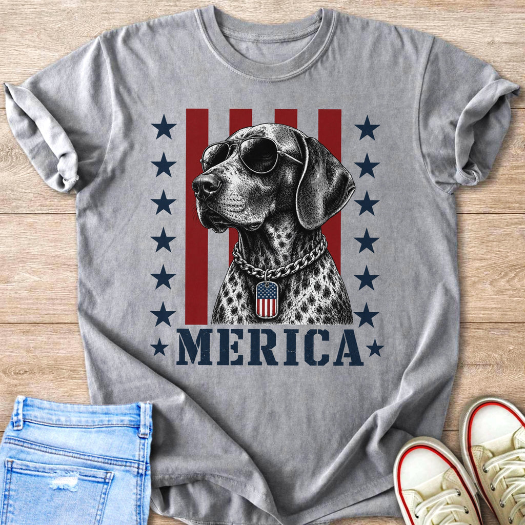 German Shorthaired Pointer wearing sunglasses and dog tag with "MERICA" text.