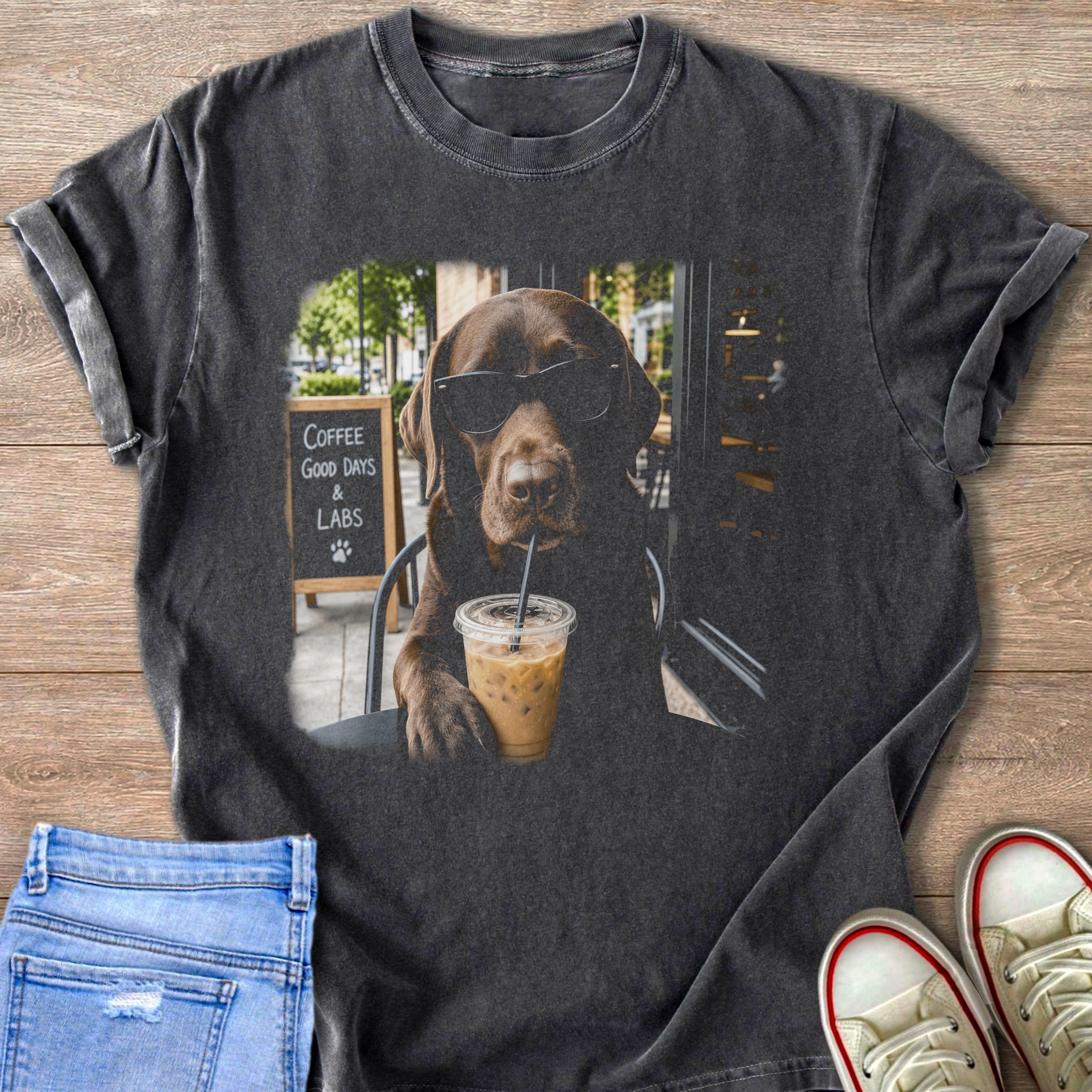 Chocolate lab wearing sunglasses drinks iced coffee with "Coffee Good Days & Labs" sign.