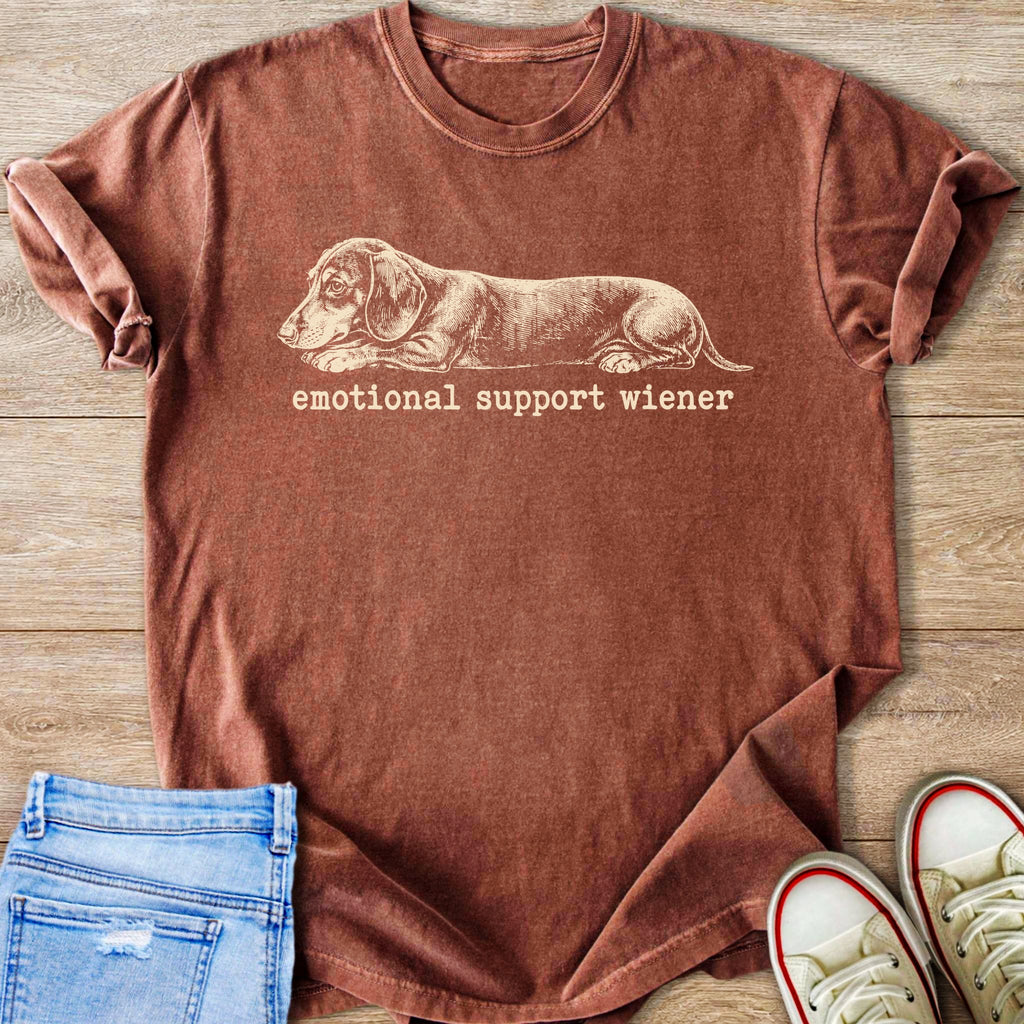 Brown t-shirt with vintage dachshund illustration and text "emotional support wiener".