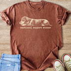 Brown t-shirt with vintage dachshund illustration and text "emotional support wiener".
