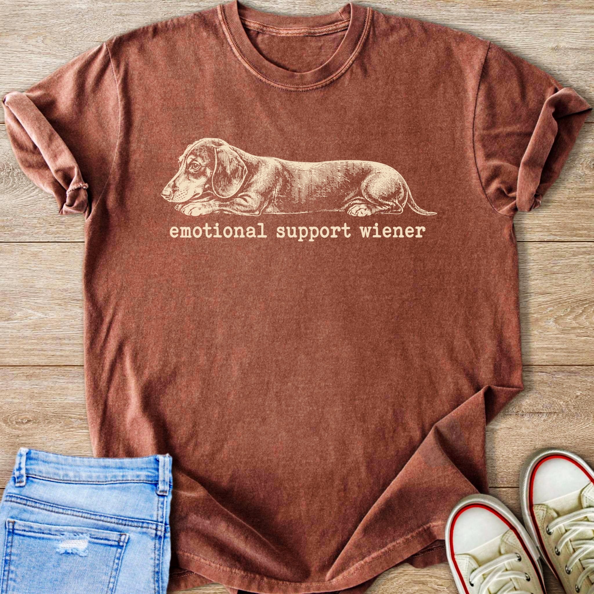 Brown t-shirt with vintage dachshund illustration and text "emotional support wiener".