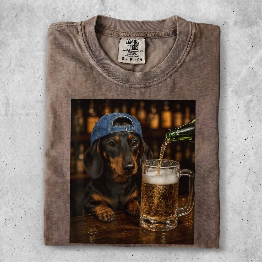 Dachshund wearing a blue cap pours beer into a large mug.