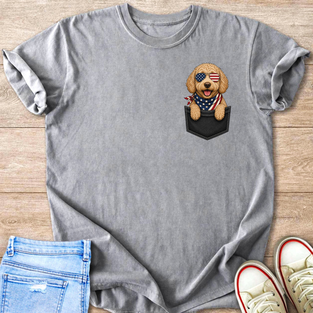 Gray t-shirt with a doodle dog wearing sunglasses and a bandana in a pocket.