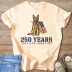 German Shepherd with American flag reads "250 YEARS 1776-2026".