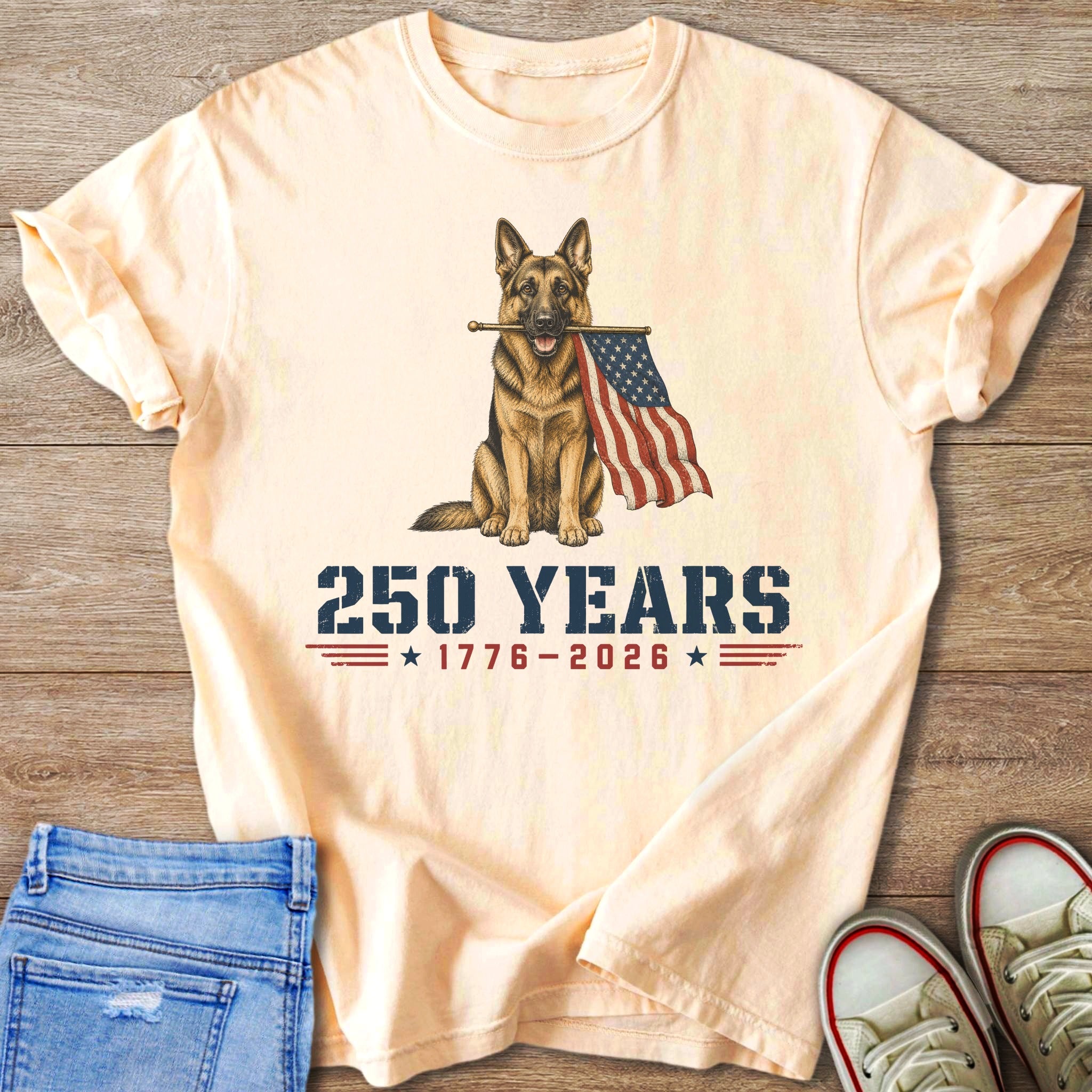 German Shepherd with American flag reads "250 YEARS 1776-2026".