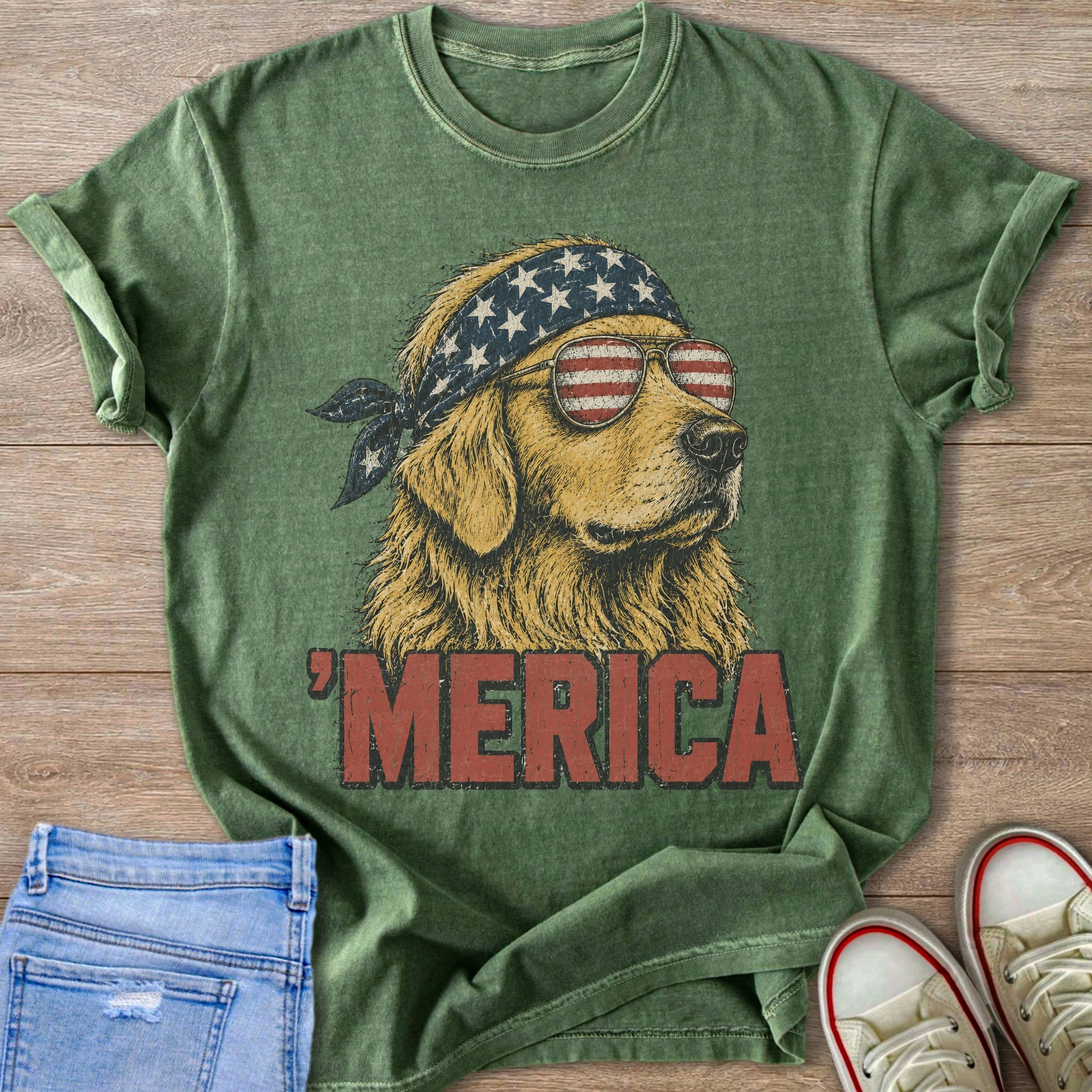 Green t-shirt with golden retriever wearing American flag bandana and sunglasses, text 'Merica.