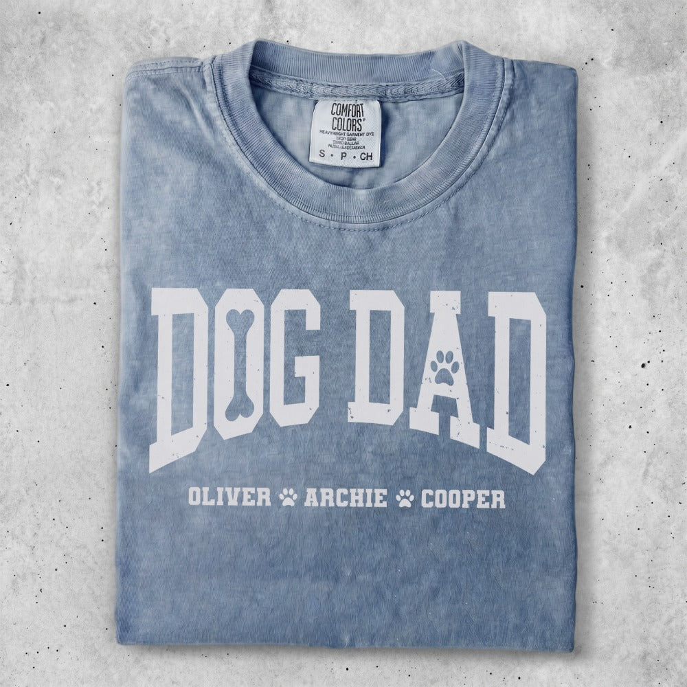 Blue t-shirt with "DOG DAD" and paw print graphic.