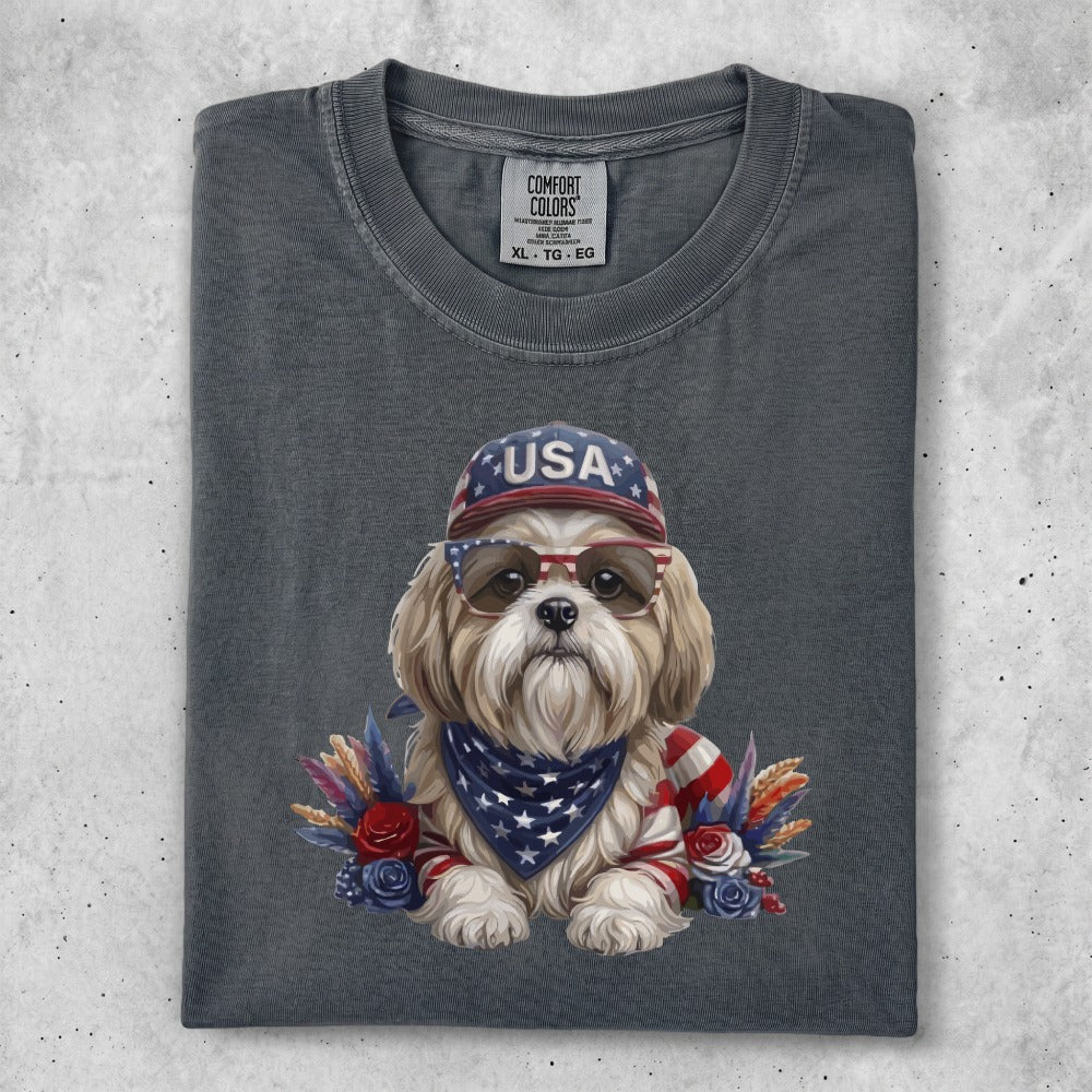 Shih Tzu wearing sunglasses and USA flag bandana and hat.