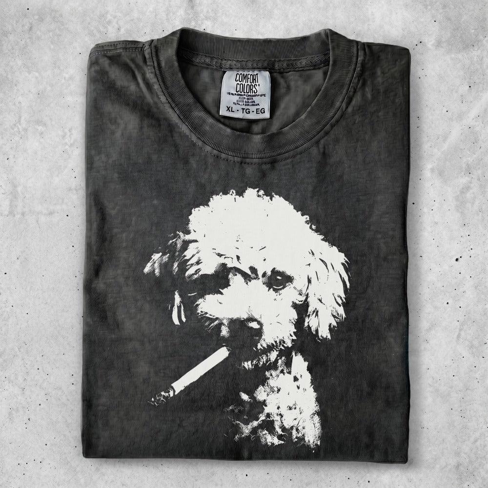 Washed black t-shirt with white poodle graphic smoking a cigarette.