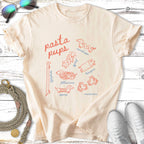T-shirt with playful doodles of pasta shapes as dogs: spaghetti, penne, fettuccine, lasagna.