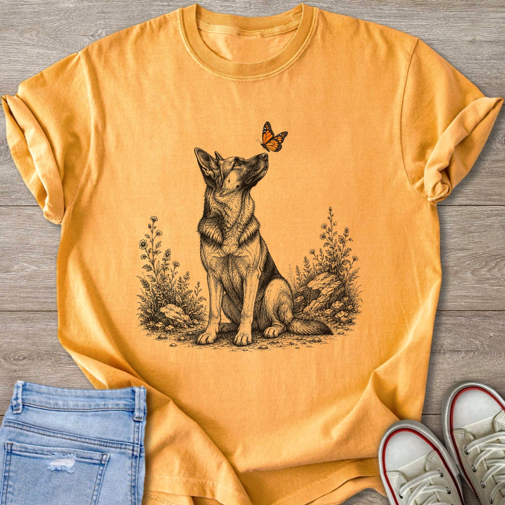 German Shepherd looking at a butterfly in a sketched floral scene on an orange t-shirt.