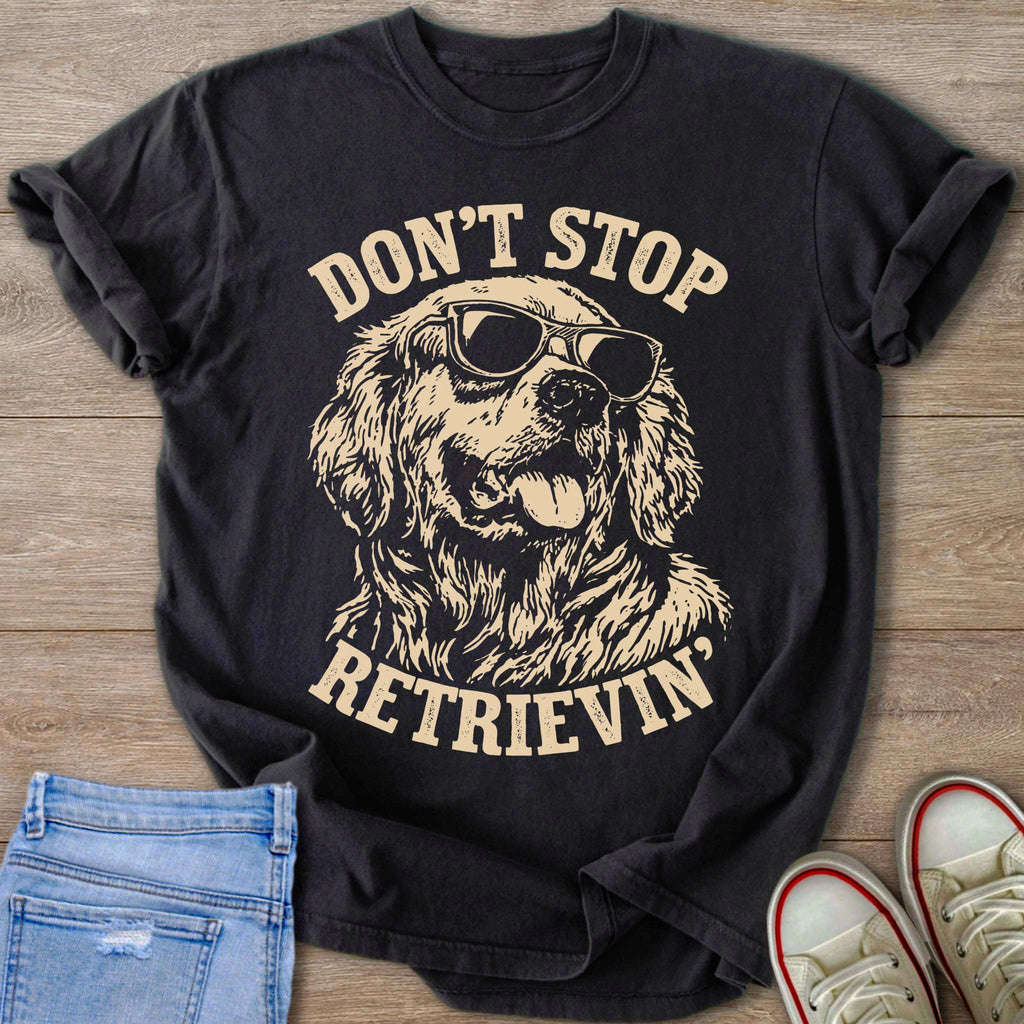 Black t-shirt with golden retriever wearing sunglasses and text "Don't Stop Retrieving".