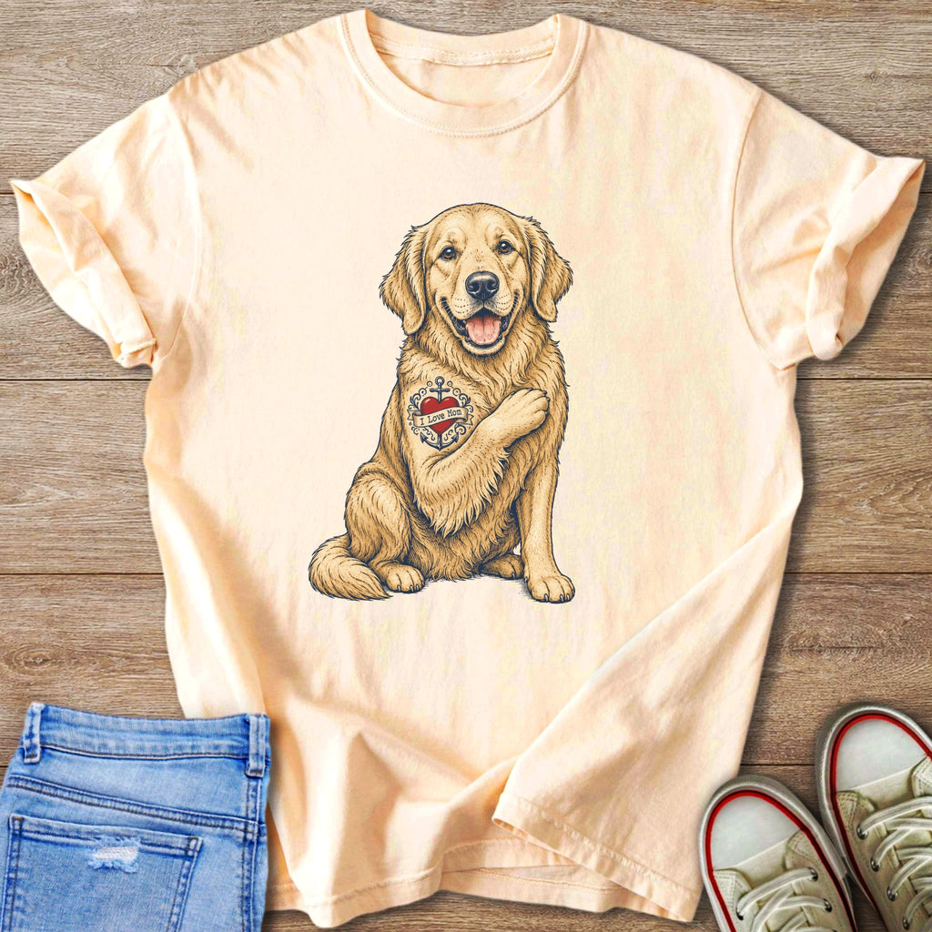 Peach t-shirt with a golden retriever wearing an "I Love Mom" tattoo.