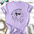 Lavender t-shirt with dog wearing sunglasses flipping middle finger, text "HEY CANCER!".