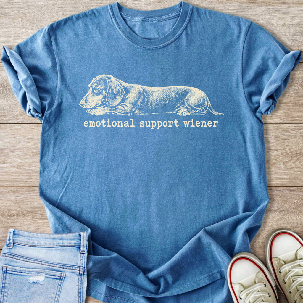 Blue t-shirt with dachshund graphic and text "emotional support wiener."
