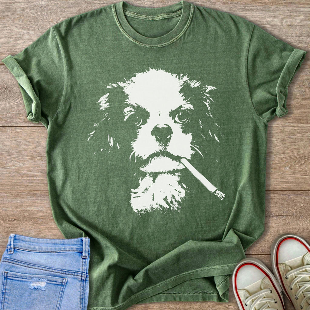 Green t-shirt with white graphic of a Cavalier King Charles Spaniel holding a cigarette.