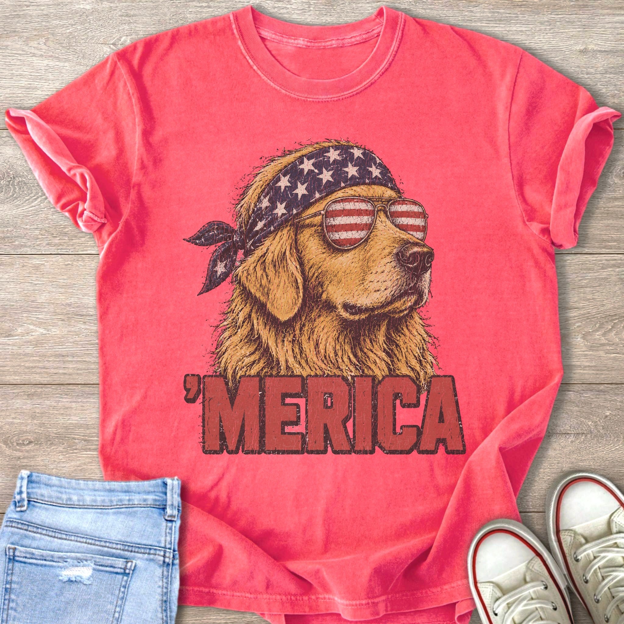 Golden retriever wearing American flag bandana and sunglasses, with 'MERICA text.