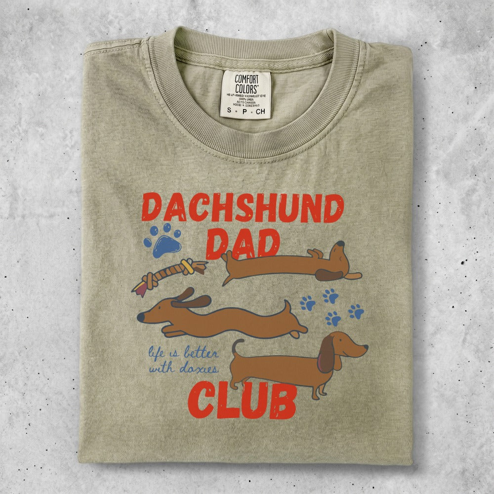 Dachshund Dad graphic tee with three dachshunds and club text.