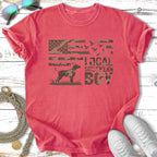 Red t-shirt with a dog, flag, birds, and "Local Southern Boy" text.