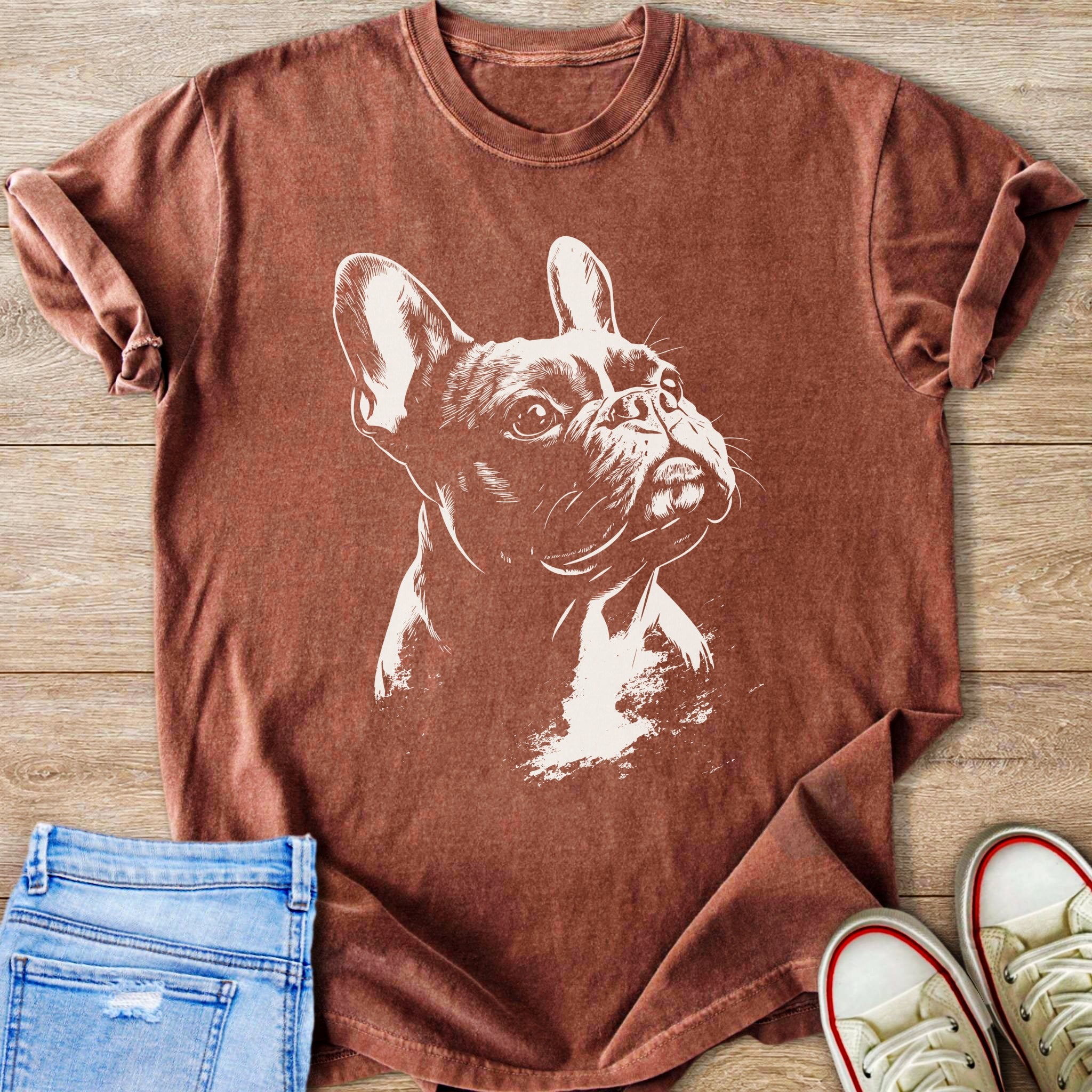 Rust-colored t-shirt with white sketch of a French bulldog's face.