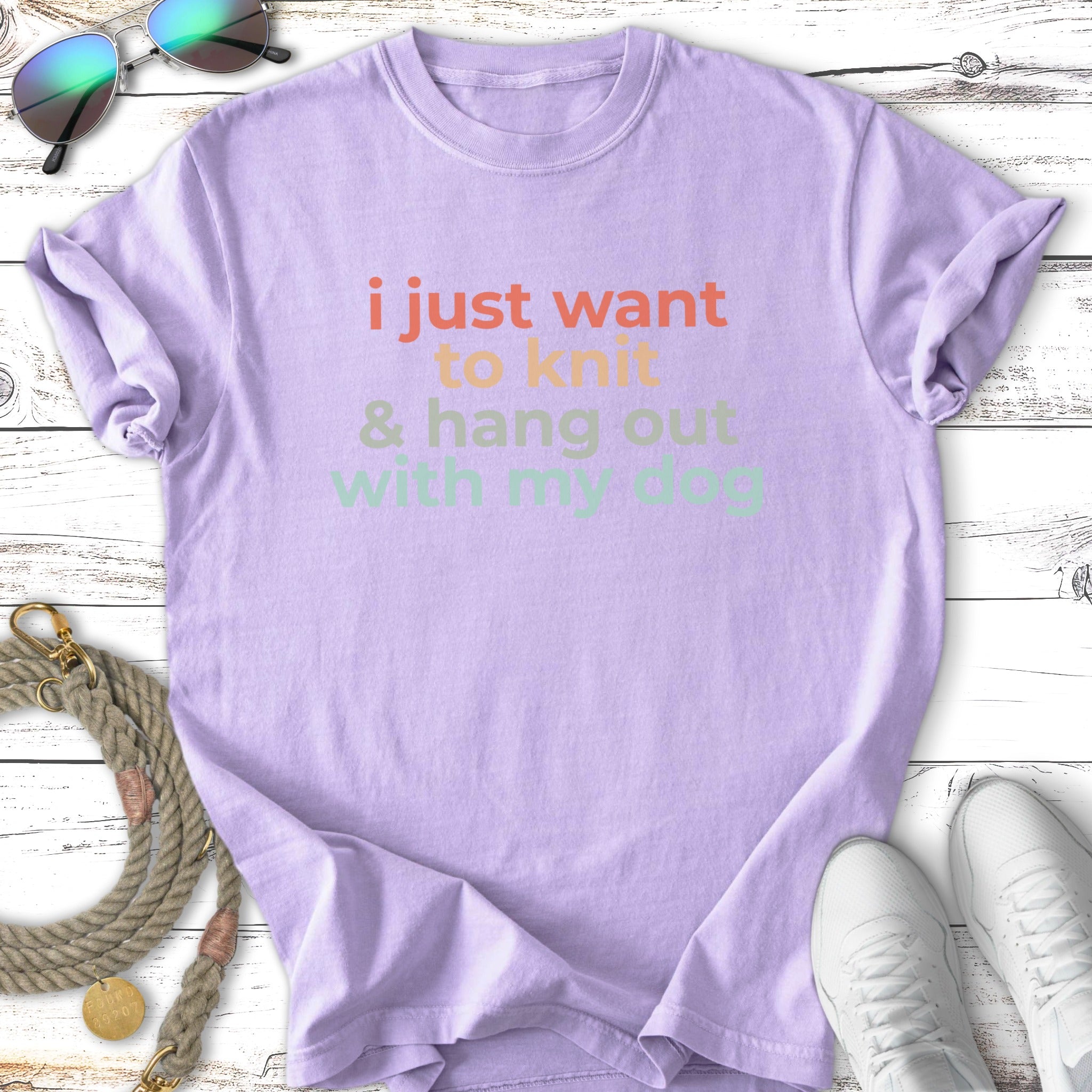Purple t-shirt with text "I just want to knit & hang out with my dog."