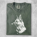 Green t-shirt with a white German Shepherd graphic and Comfort Colors logo.