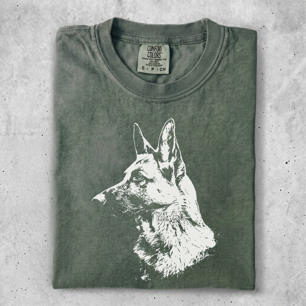 Green t-shirt with a white German Shepherd graphic and Comfort Colors logo.