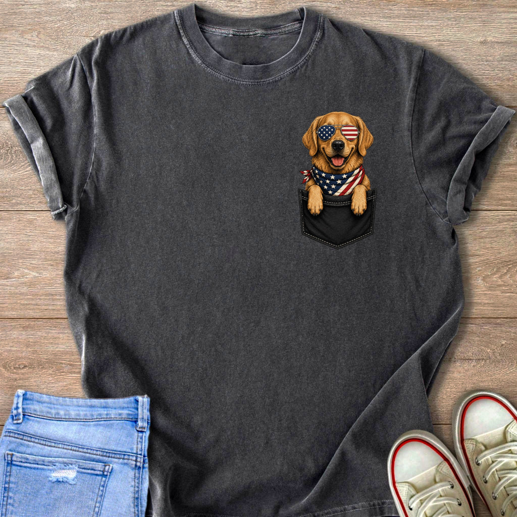 Grey t-shirt with a golden retriever wearing American flag sunglasses and bandana in its pocket.