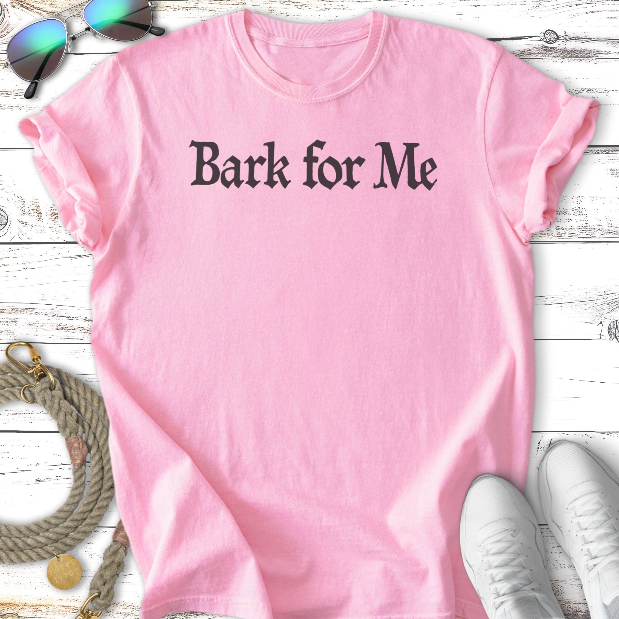 Pink t-shirt with "Bark for Me" text and dog leash.
