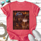 Dachshund wearing a baseball cap pours beer into a mug.